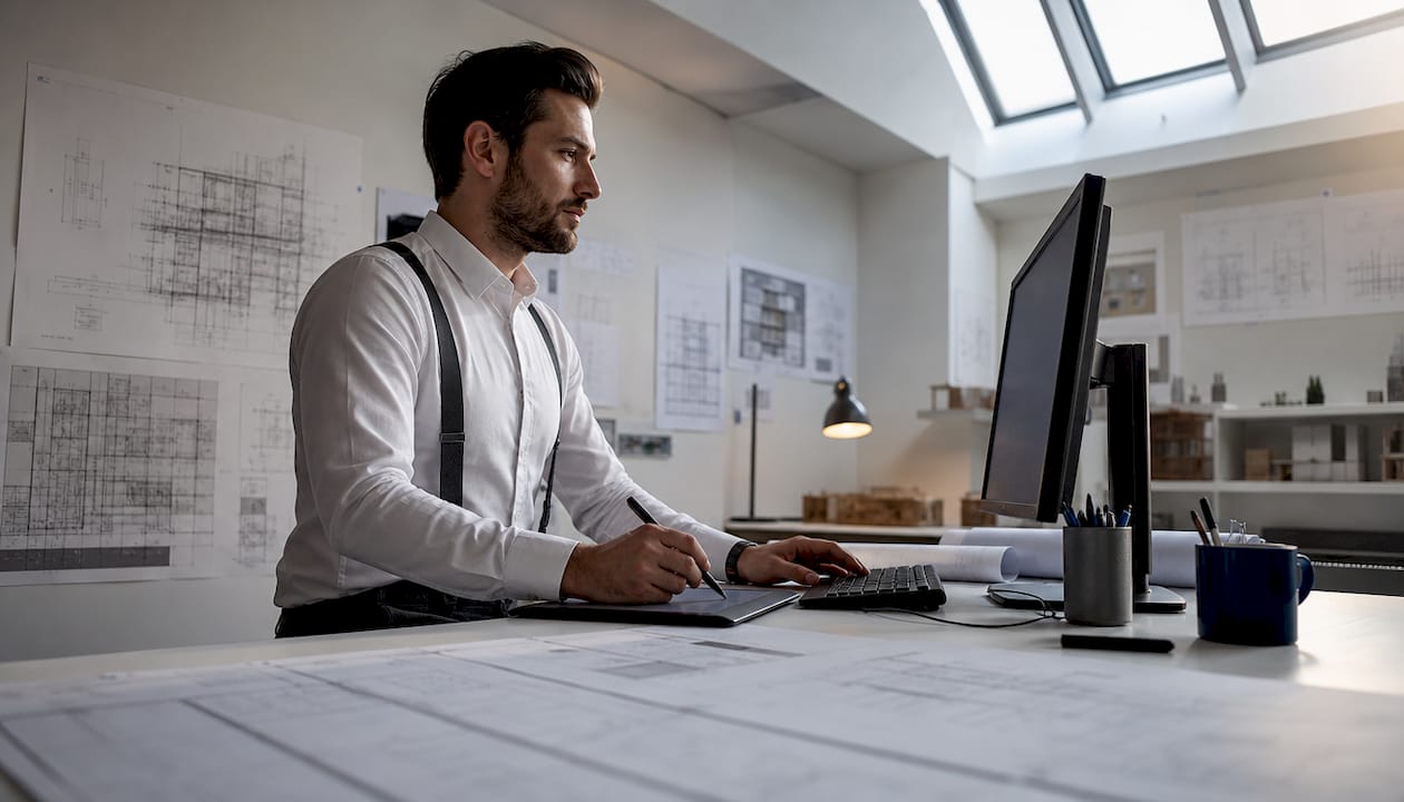 Architect using AutoCAD action recorder on computer