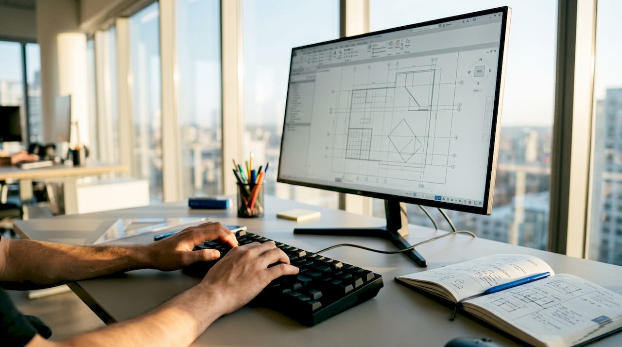 Hands typing AutoCAD macro commands on keyboard