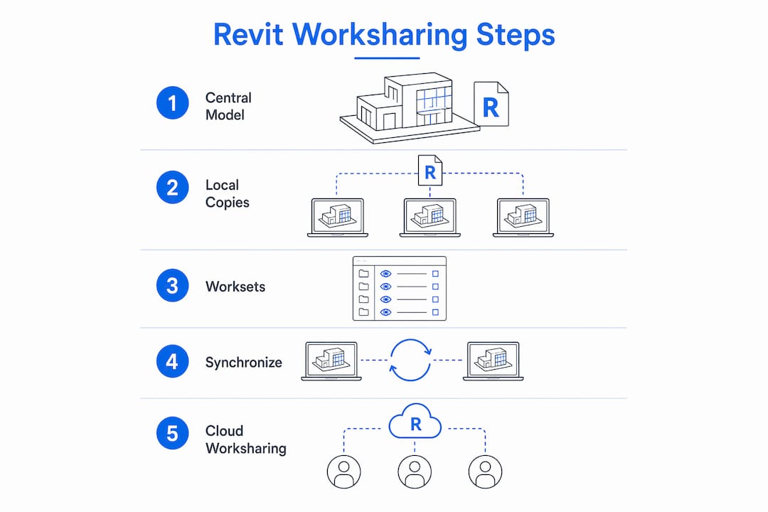 Infographic illustrating Revit worksharing workflow steps