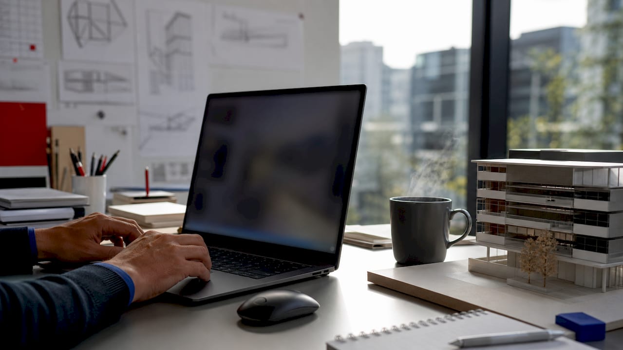 Hands configuring Revit central model on desktop