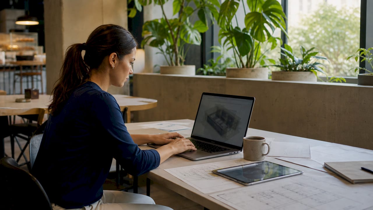 Female architect using Revit software at desk