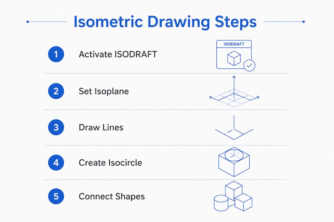 Infographic outlining AutoCAD isometric drawing steps