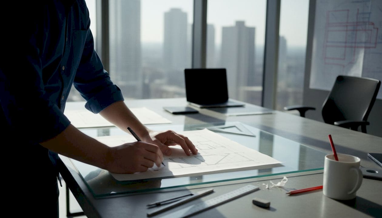 Architect hands sketching 2D detail component