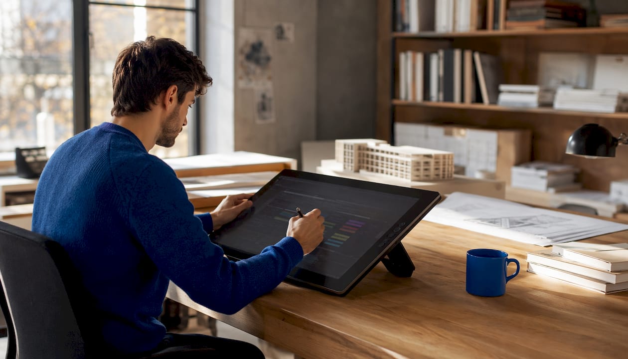 Hands adjusting AutoCAD layer properties on tablet