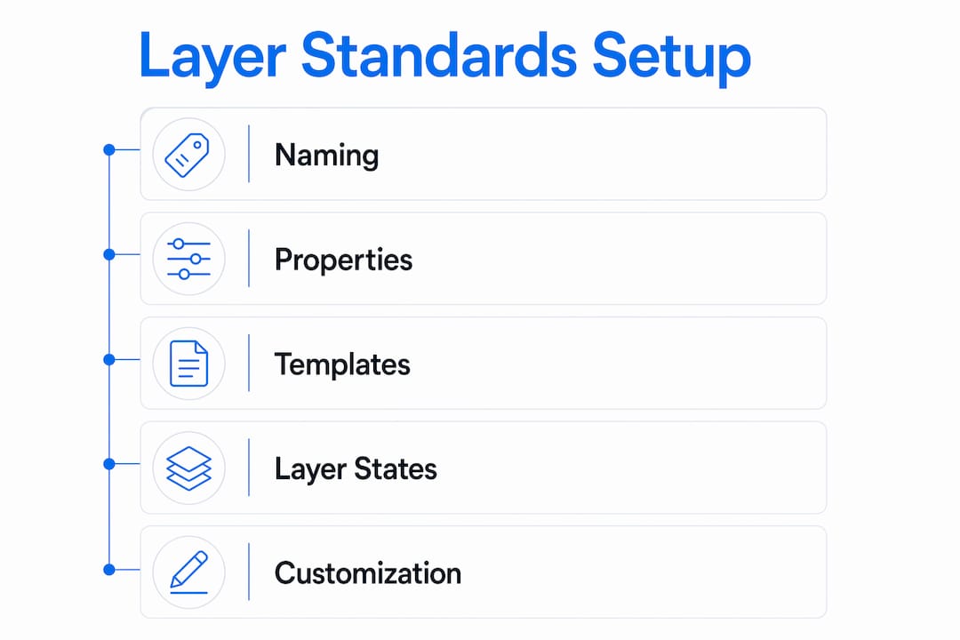 Infographic showing key AutoCAD layer standard components
