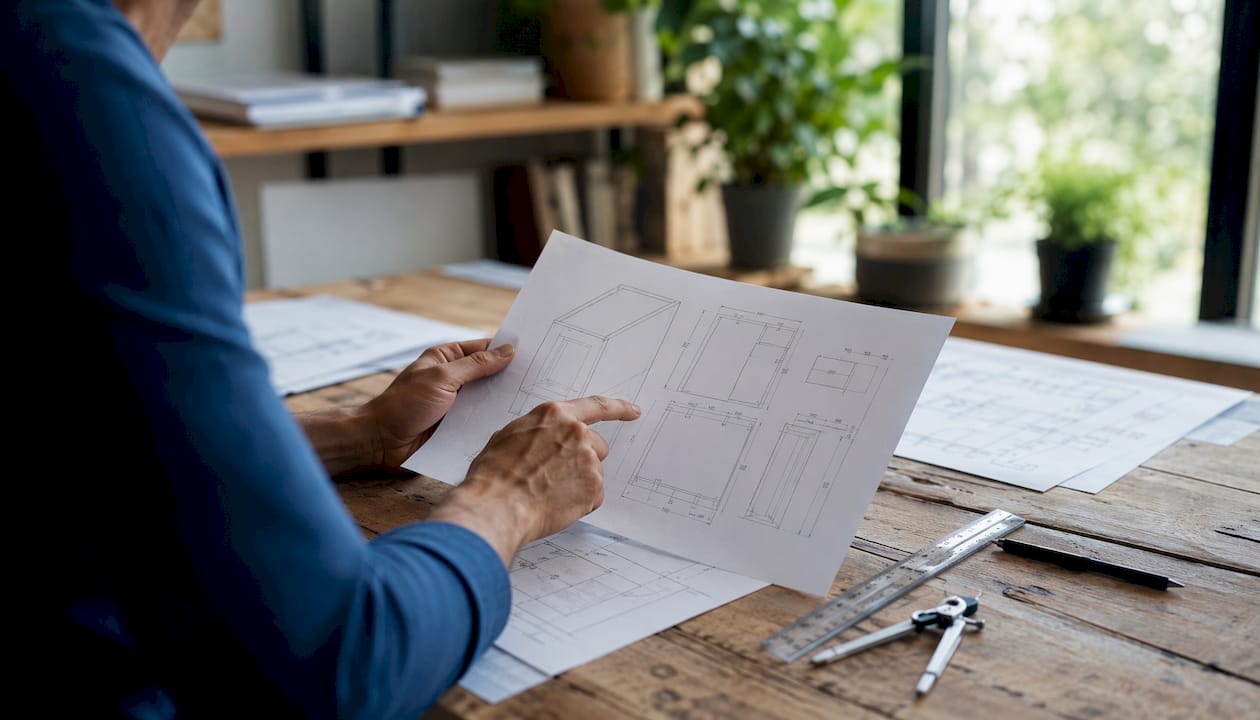 Hands examining Revit family technical drawing