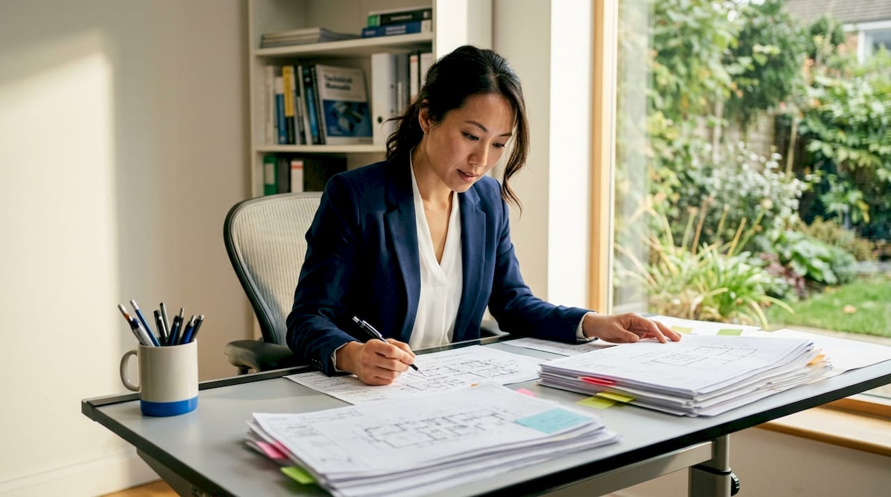 Woman reviewing CAD drawing sheets at drafting table