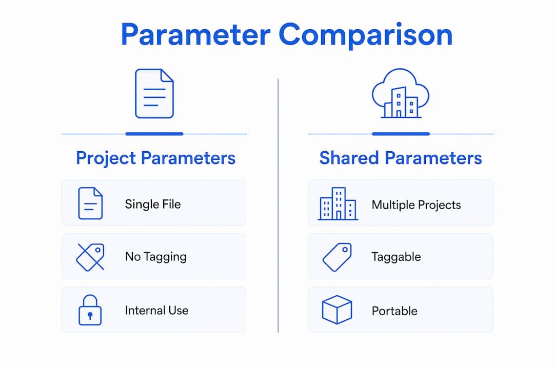 Infographic comparing project vs shared Revit parameters