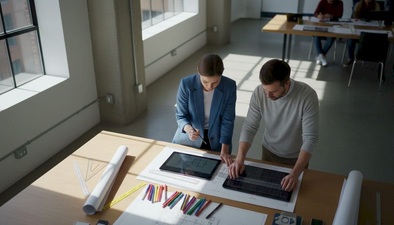 Two professionals placing guide grids over Revit sheet mockup