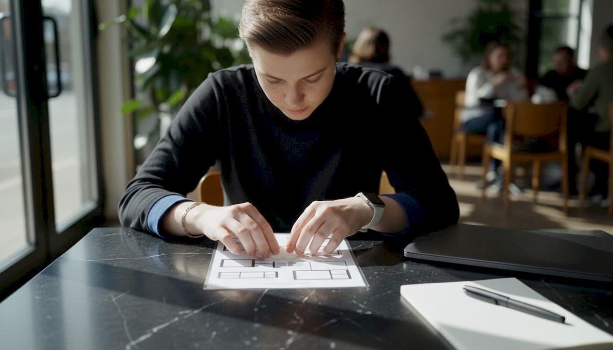 Hands adjusting QA sheet with title block labels