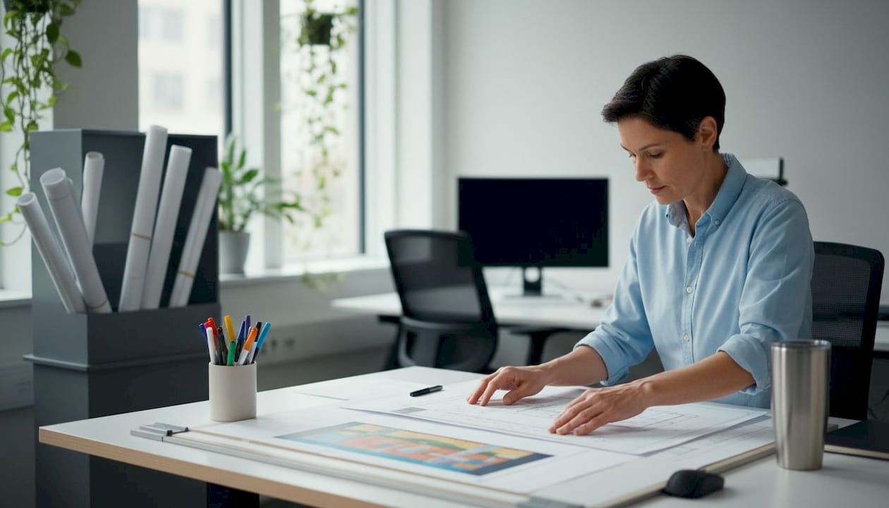 BIM professional arranging Revit sheets at table