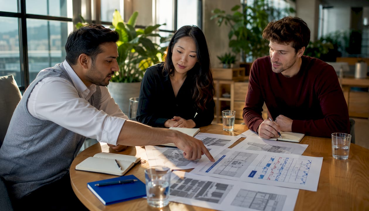Architecture team discussing Revit workflow around table