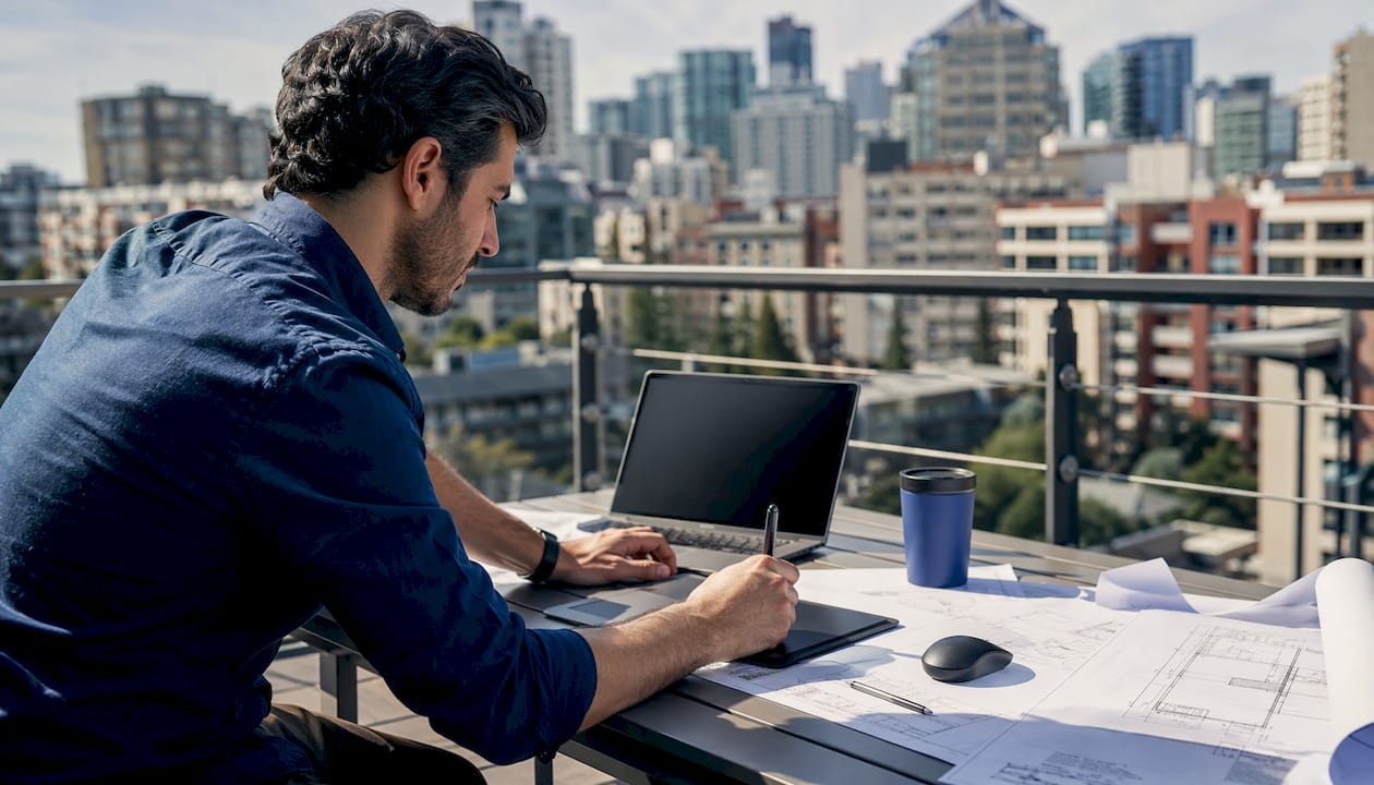 Architect using AutoCAD web app on laptop and tablet