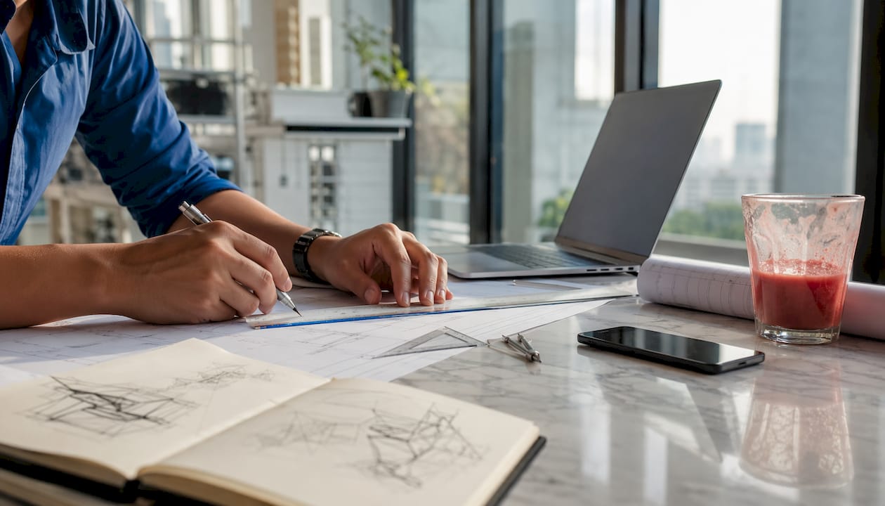 Hands manually editing technical drawing on desk