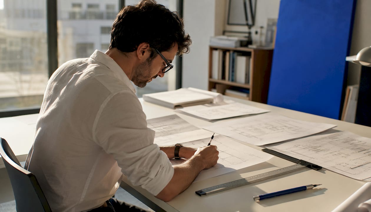 Drafter working at model space drafting table
