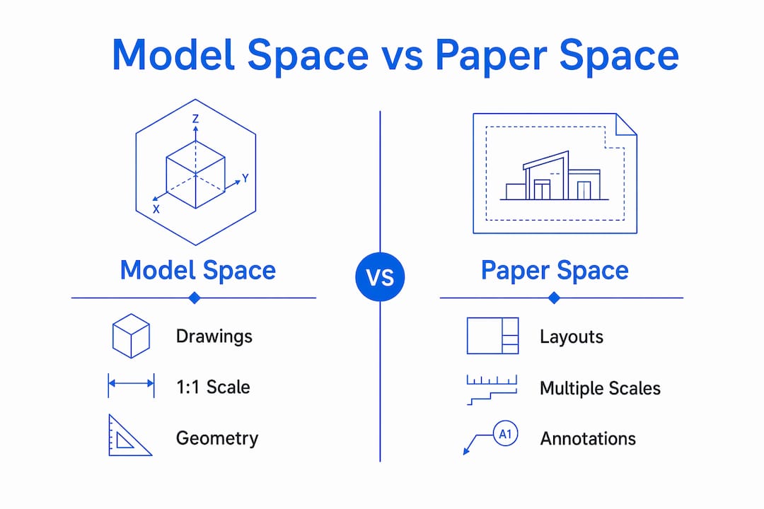 Infographic comparing Model Space and Paper Space features