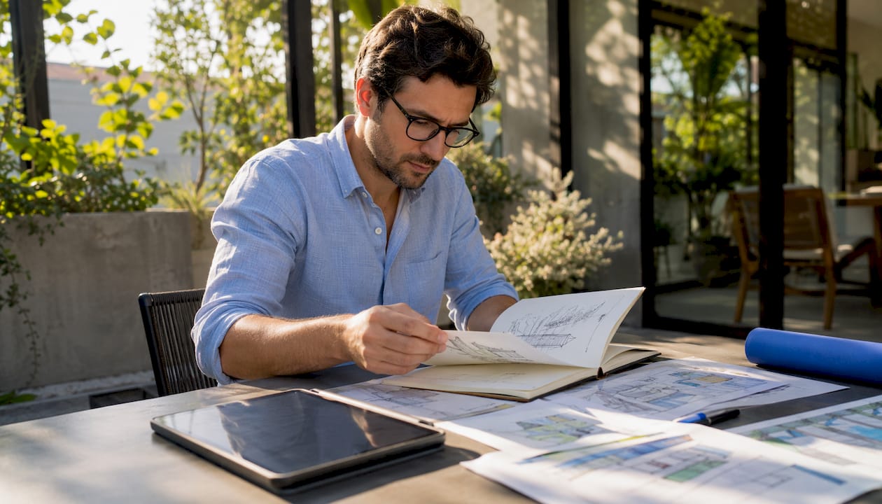 Architect working on AutoCAD data extraction at drafting table