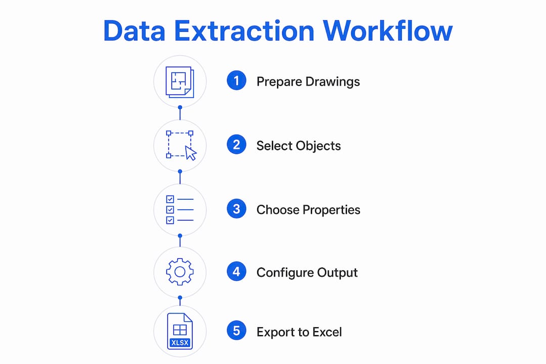 Infographic illustrating AutoCAD data extraction workflow steps