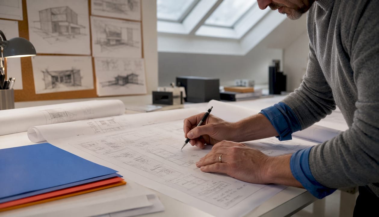 Hands marking IFC mapping tables on drafting table