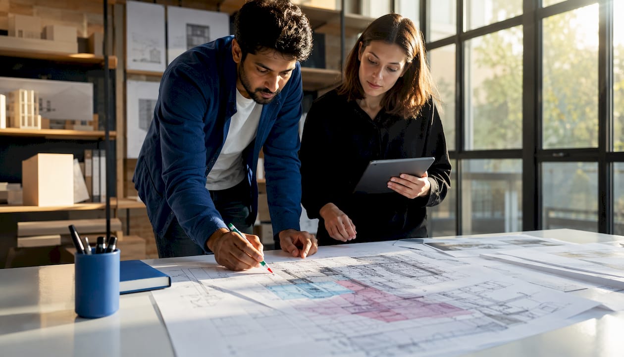 Architects reviewing linked model spatial coordination