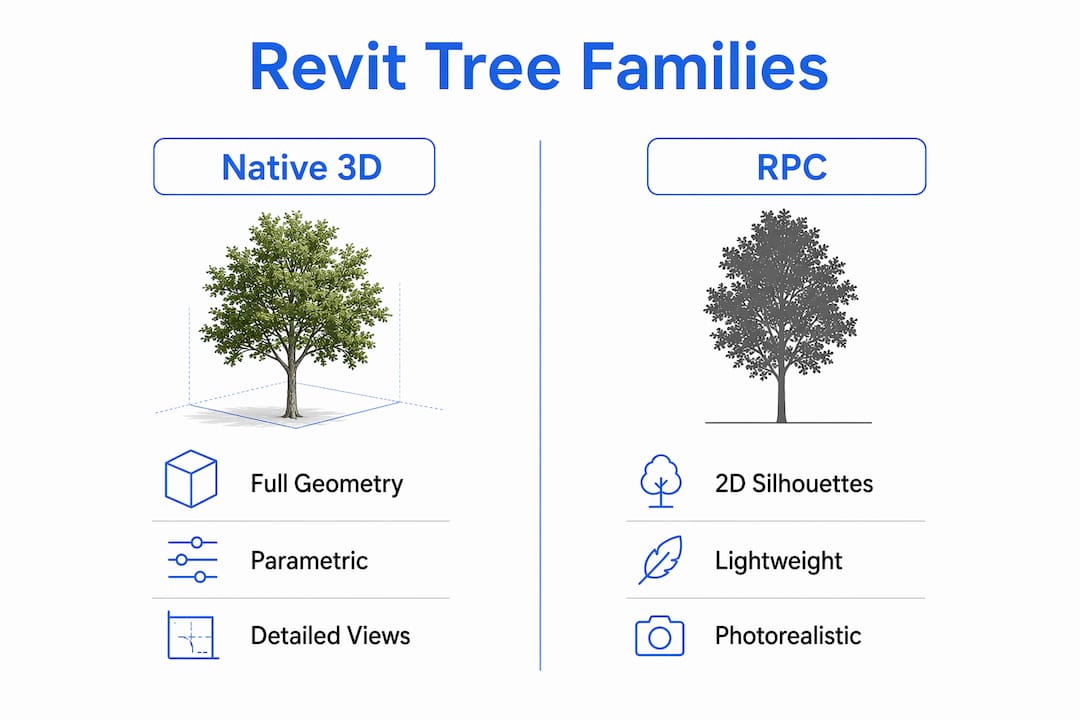 Infographic comparing Revit native 3D and RPC tree families