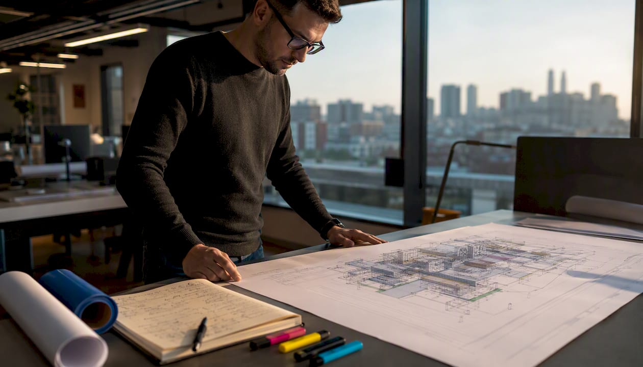 BIM coordinator reviewing printed Revit model