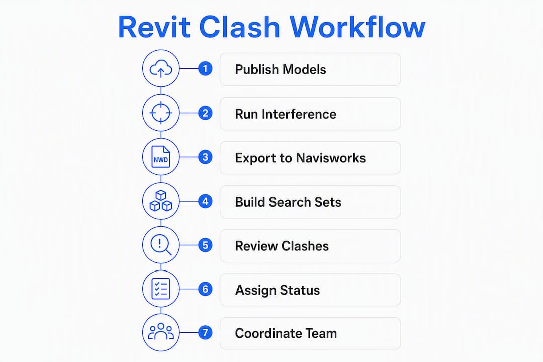 Infographic outlining Revit clash detection workflow