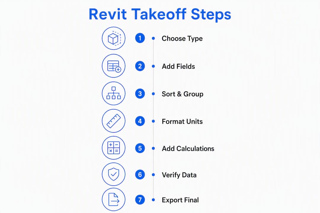 Infographic of Revit quantity takeoff workflow steps