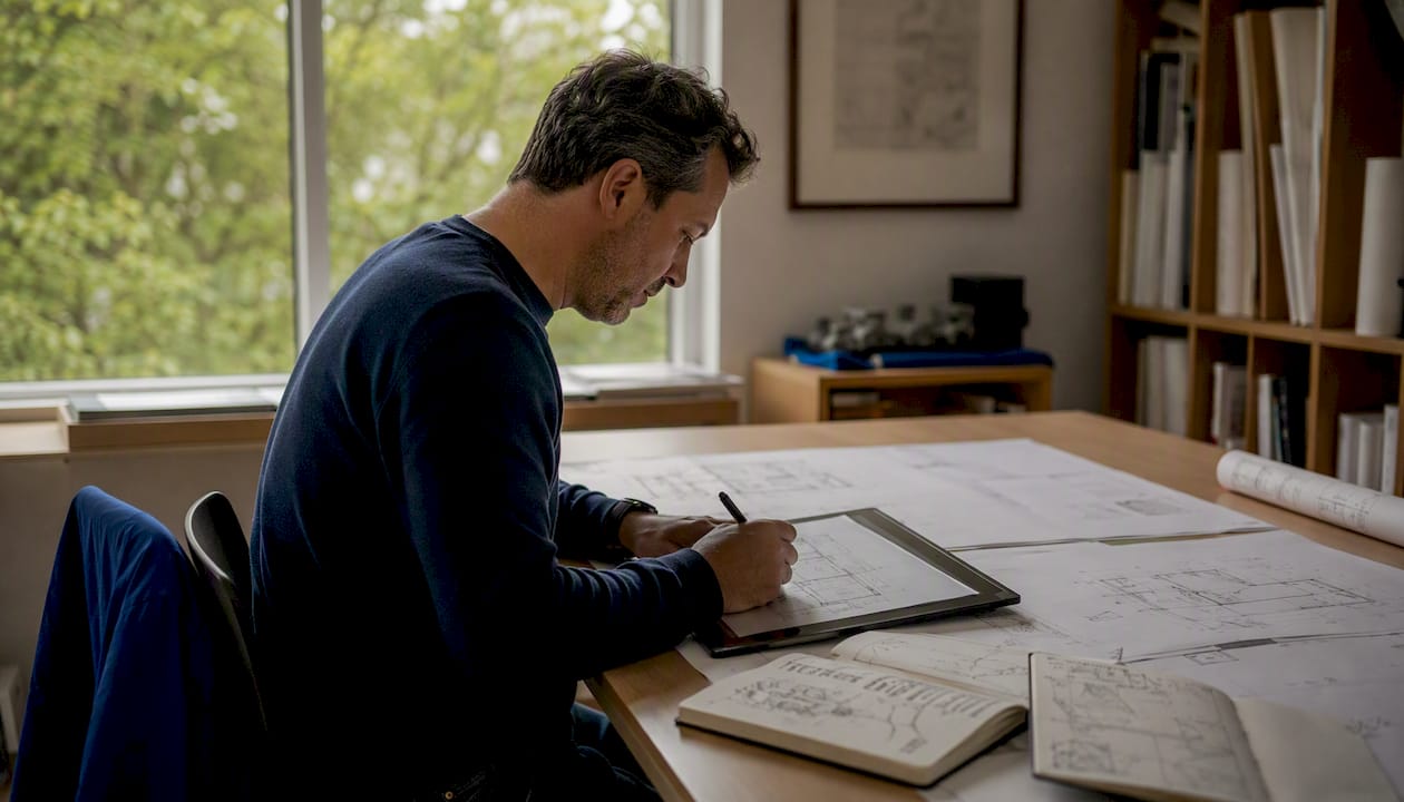Architect tracing PDF plans at drafting table