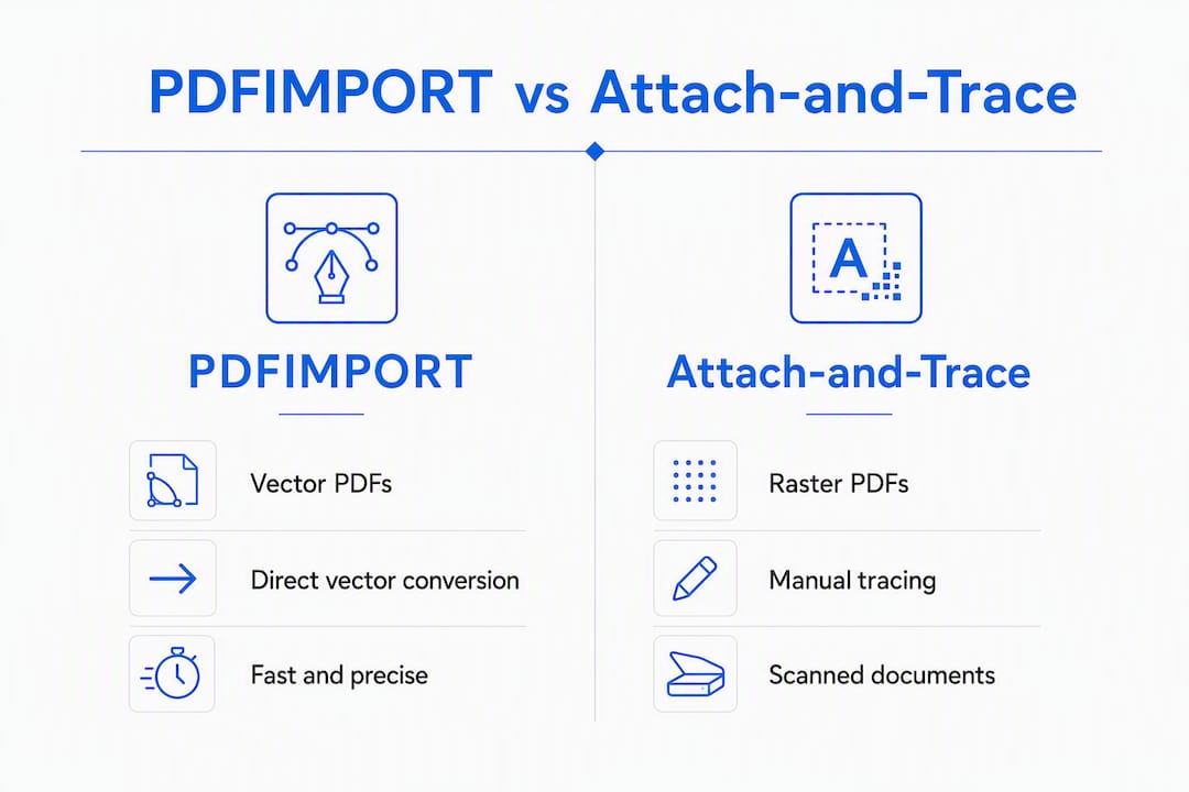 Comparison infographic of PDFIMPORT and Attach-and-Trace methods