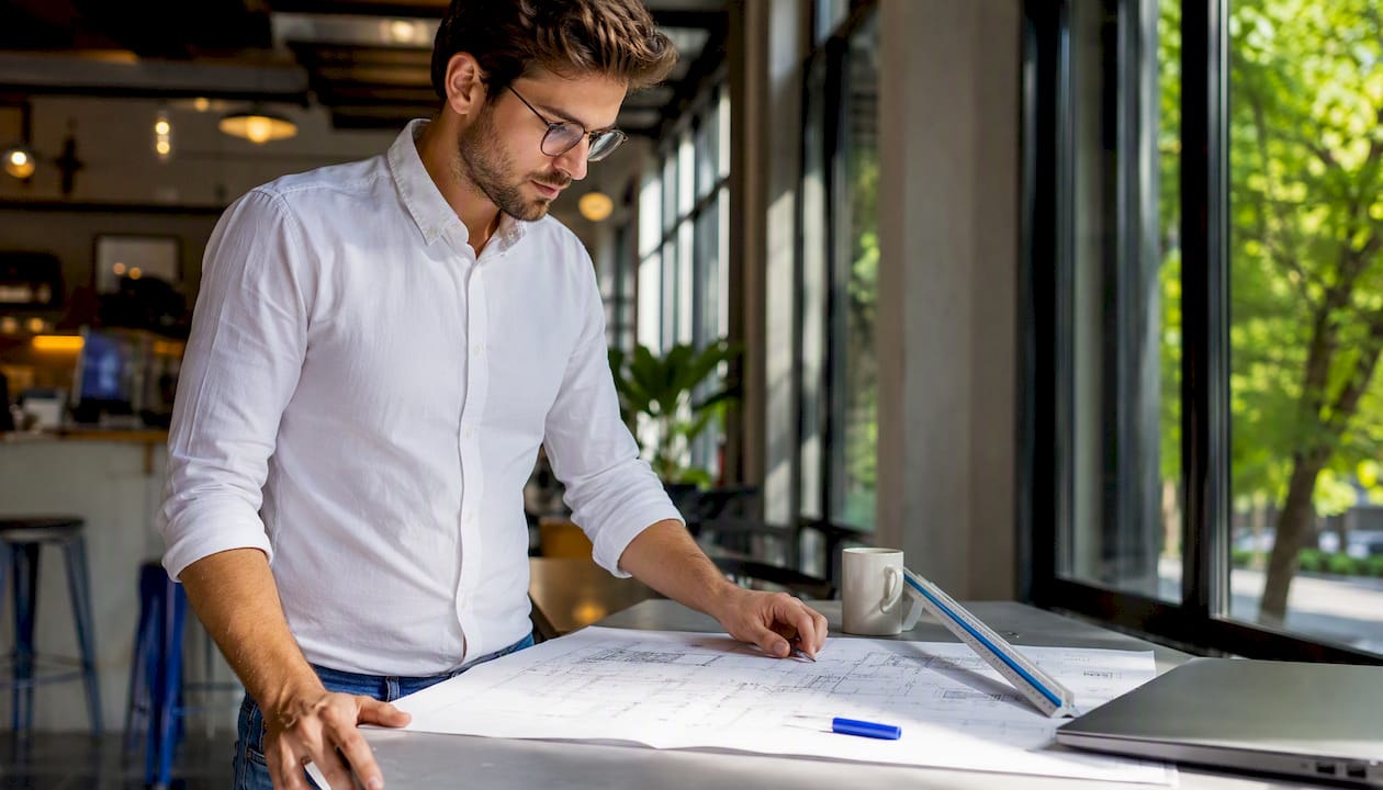 Architect reviewing printed drawings at table