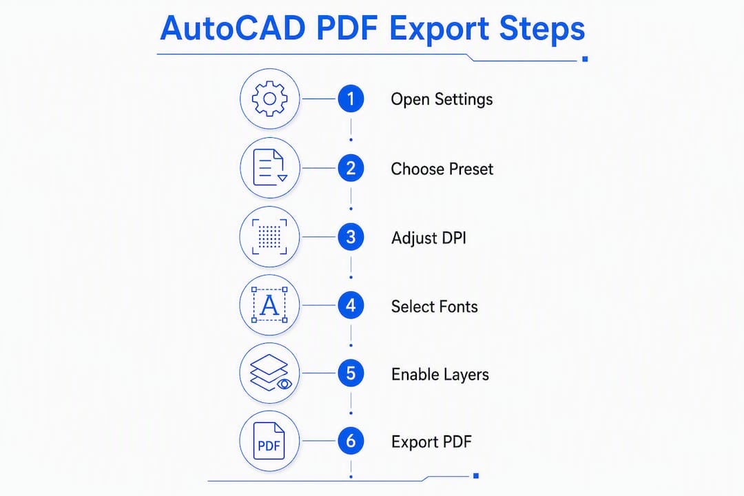 Infographic showing AutoCAD PDF export workflow