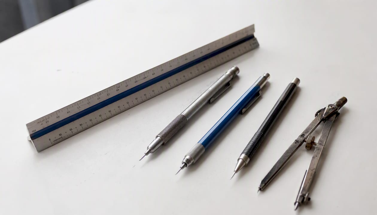 Close-up of architectural drafting tools on desk