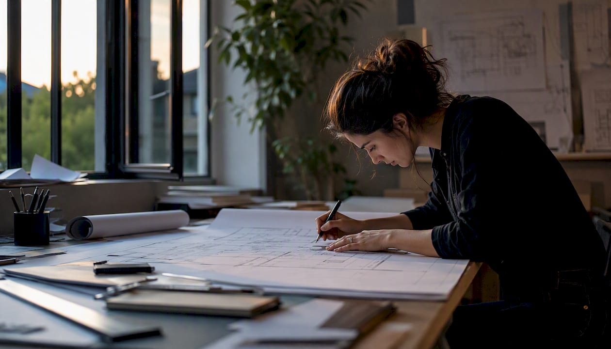 Hands tracing architectural plan on drafting table