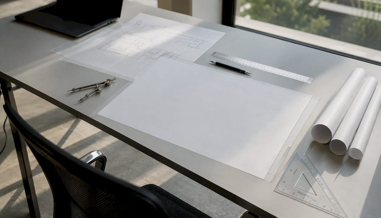 Architectural drafting table with tools and plans