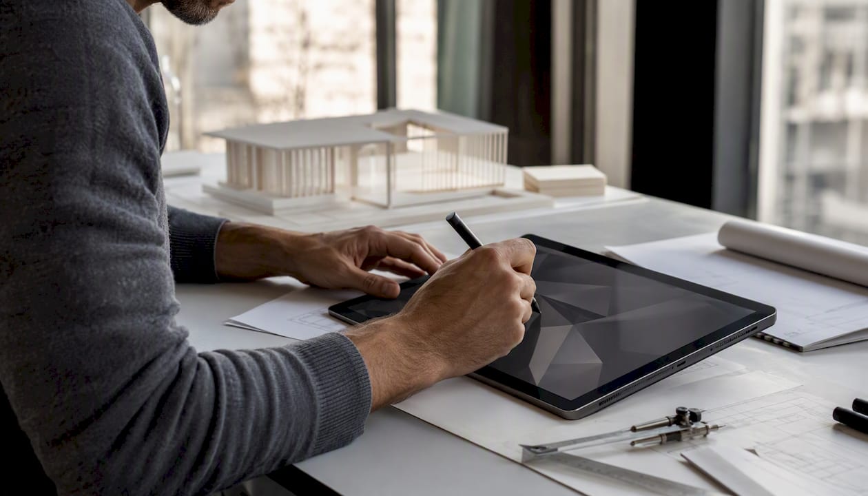 Architect holding pen over tablet in design studio