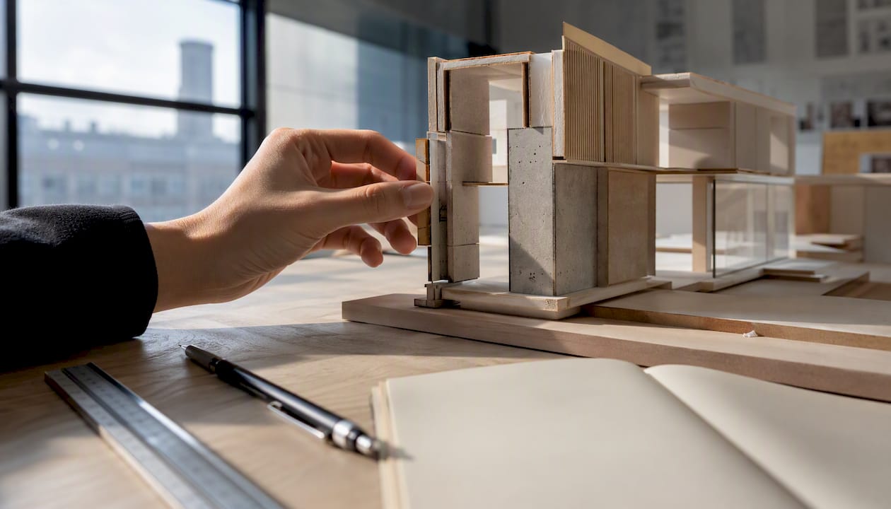 Hand adjusting load-bearing wall on architectural model