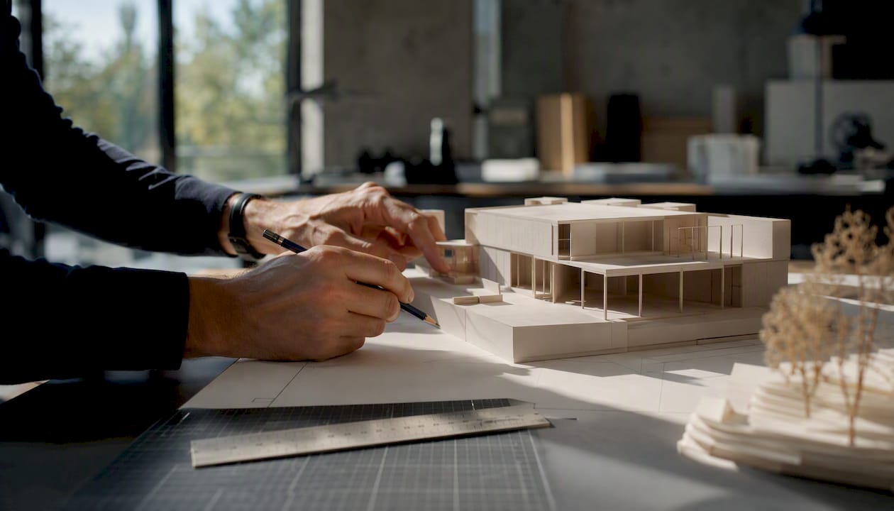 Architect hands adjusting crop boundary on model