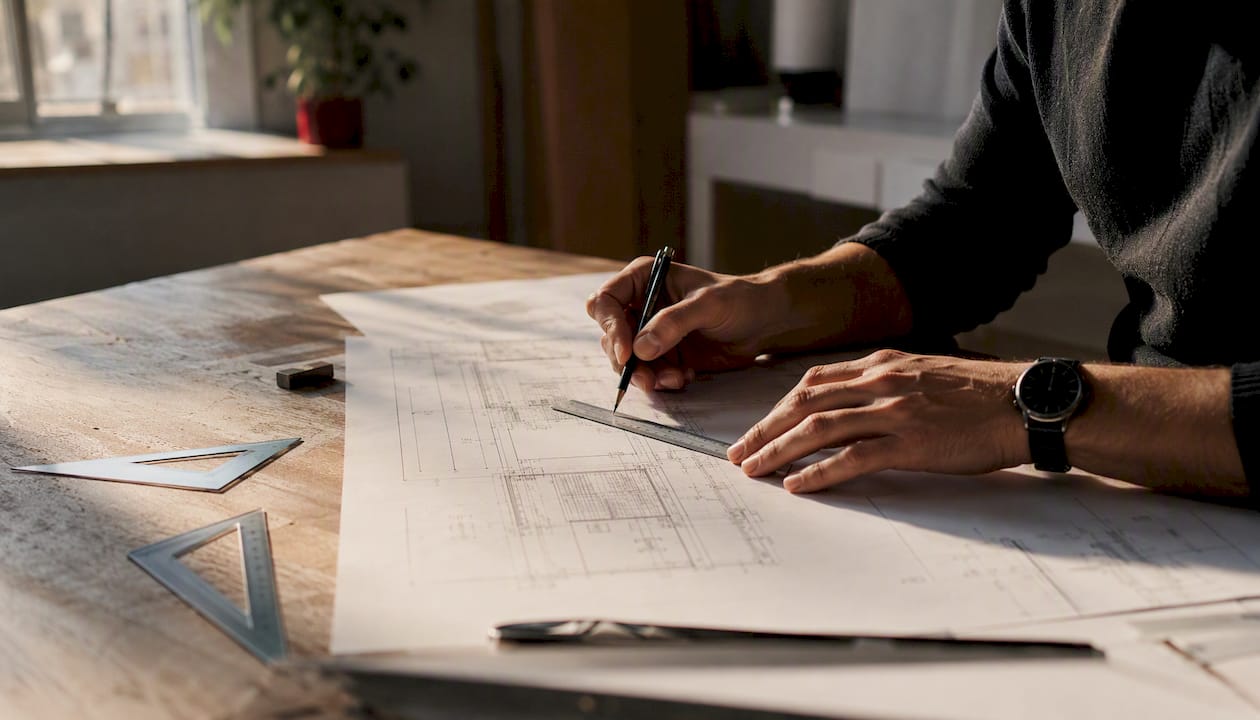 Hands checking scale with ruler on drawing