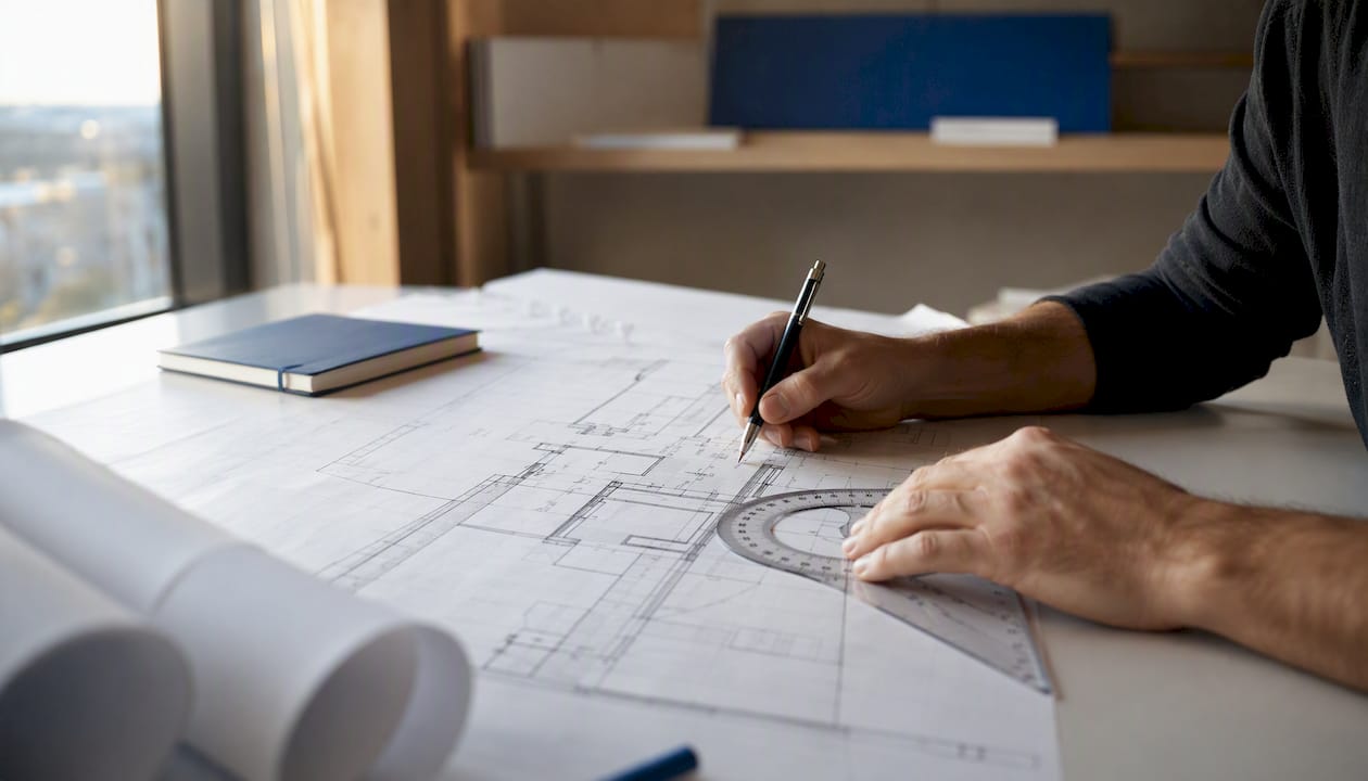 Hands drafting 2D architectural floor plan