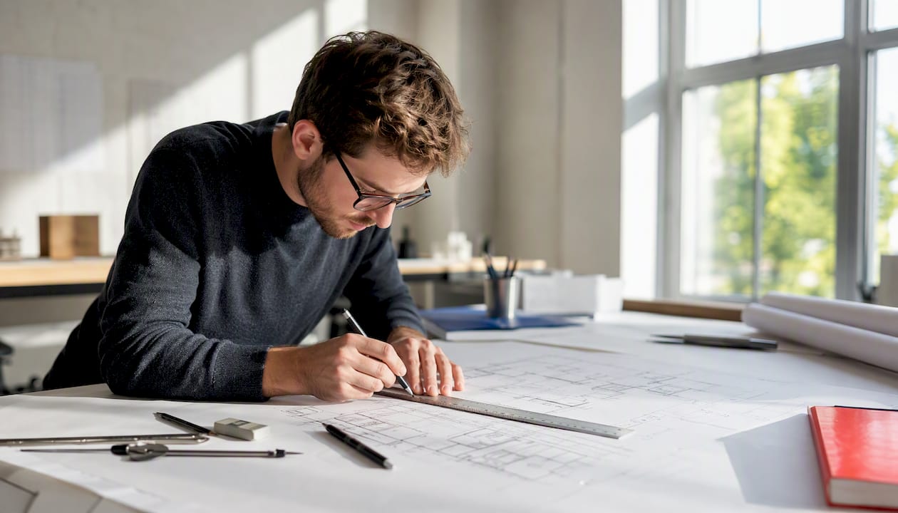 Hands marking mirror axis on architectural drawing