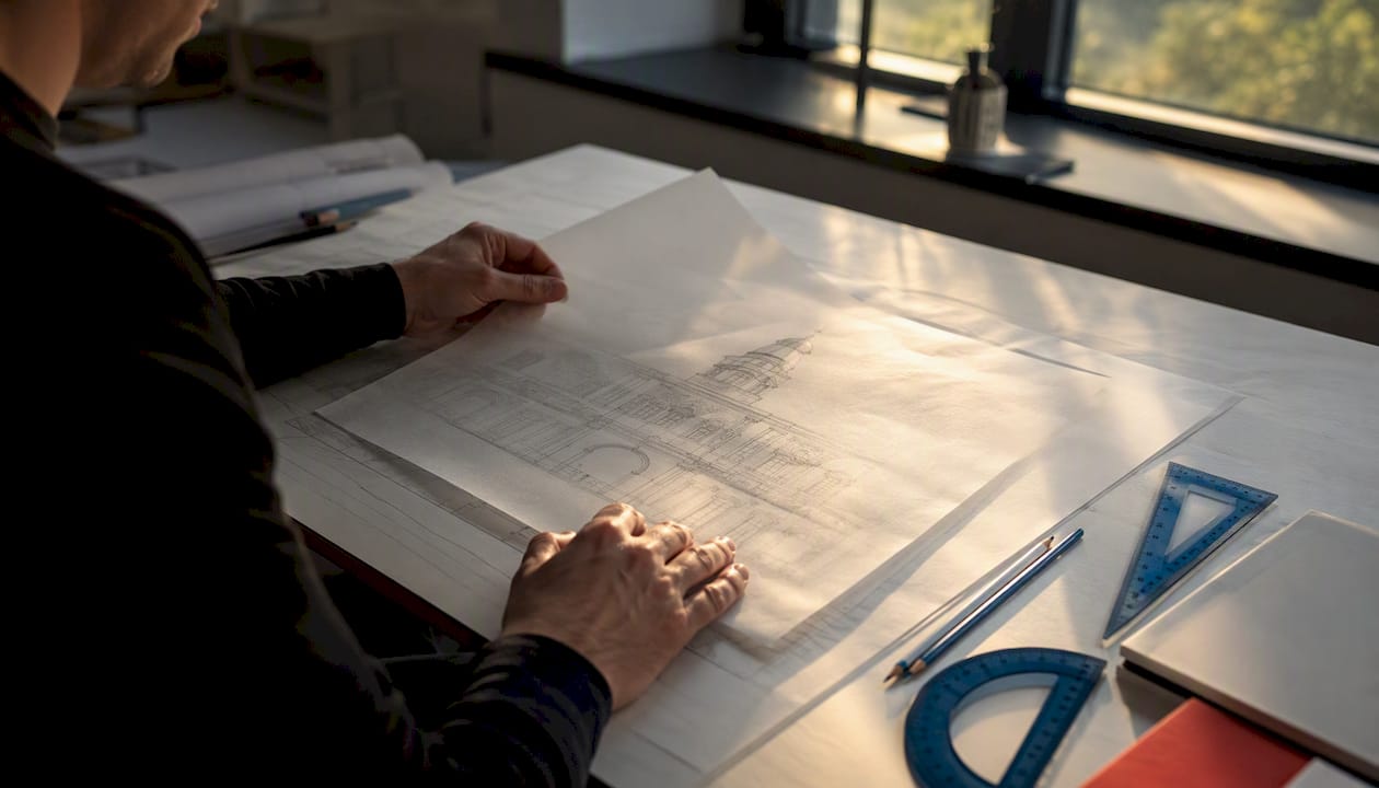 Architect tracing symmetrical elevation manually