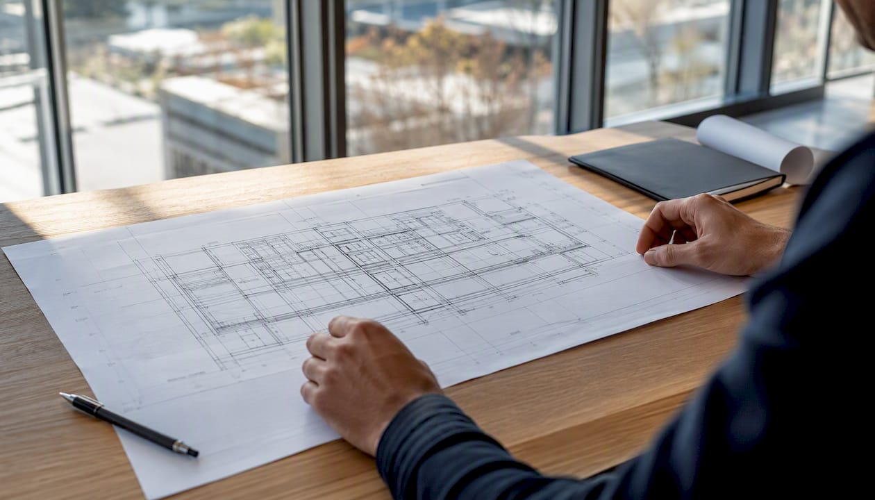 Hands checking mirrored architectural drawing details