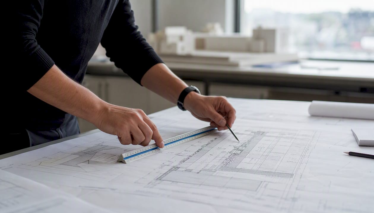 Hands adjusting hatch patterns on architectural drawing