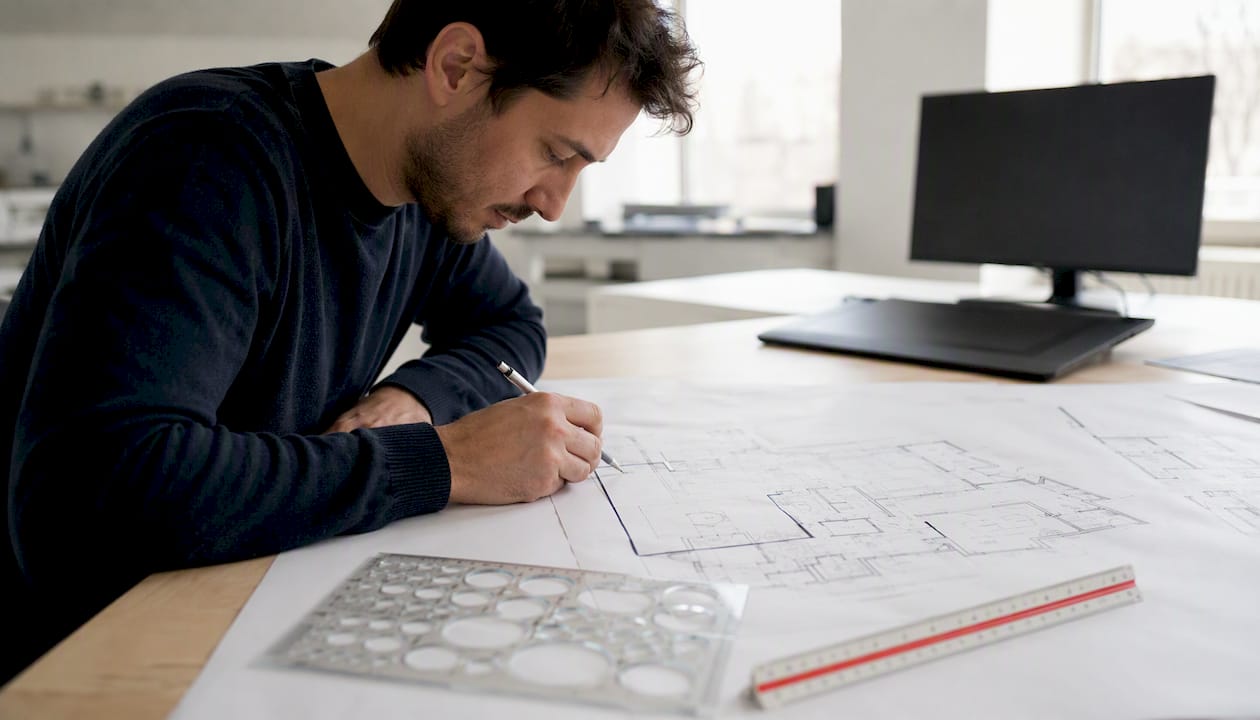 Hand tracing plan region boundary on architectural floor plan