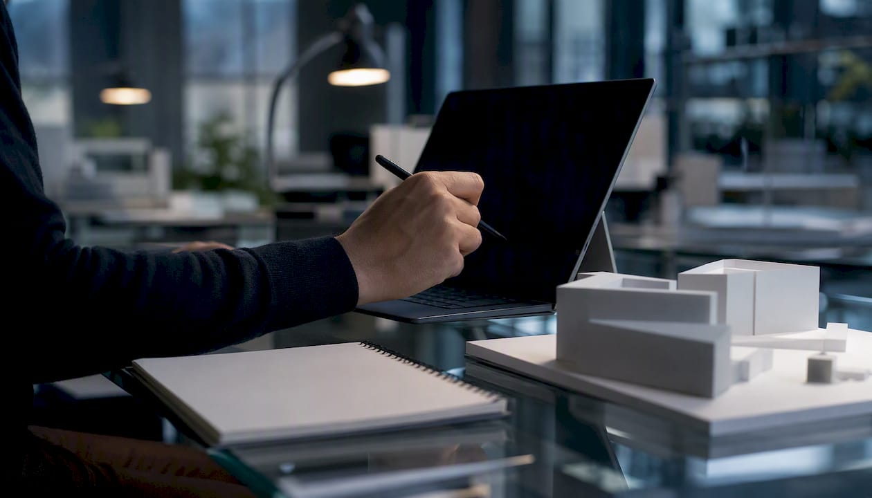Architect’s hand near dark computer screen and stylus