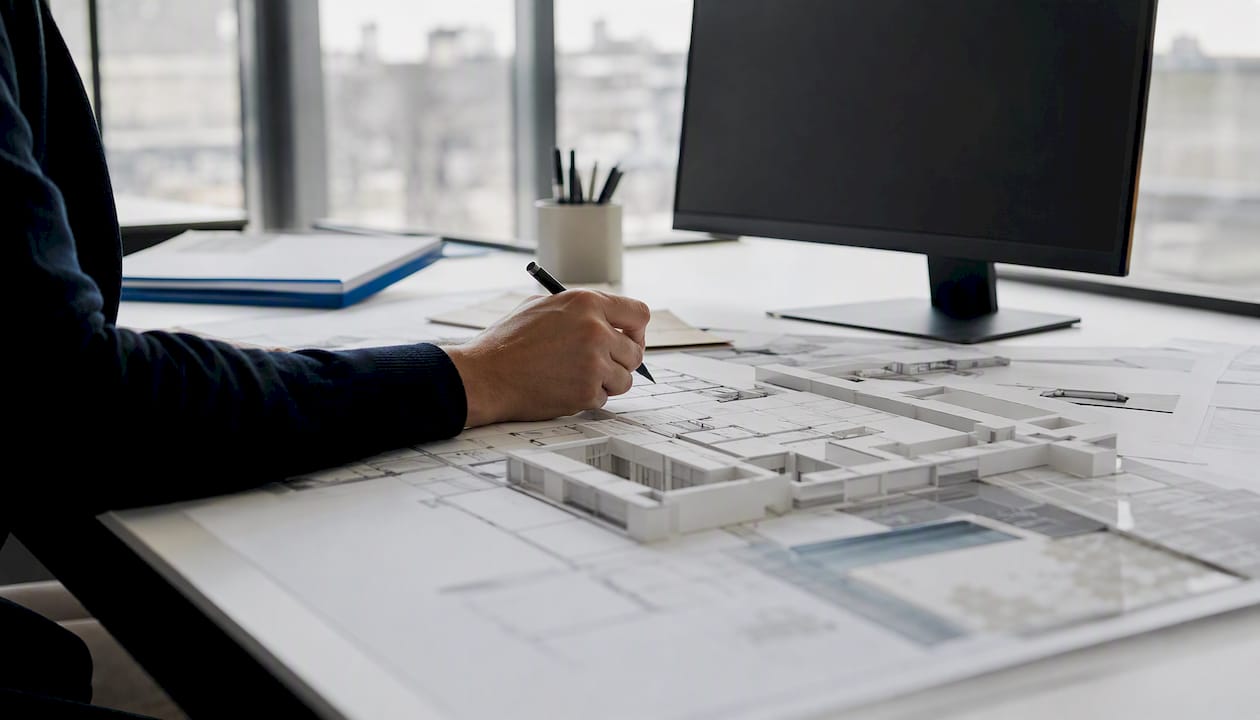 Architect's hand coordinating CAD models