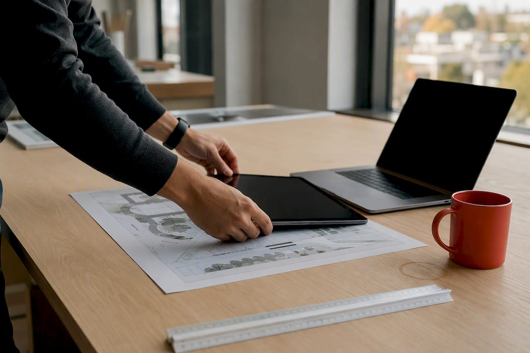 Architect hands linking architectural plans