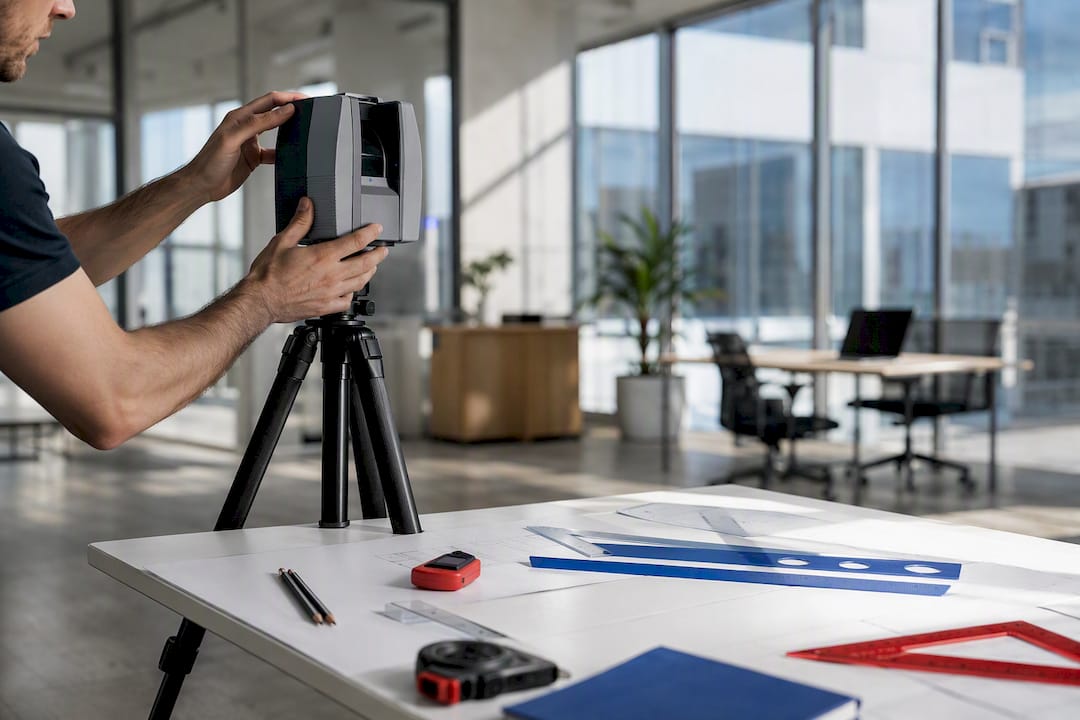 Hands adjusting 3D laser scanner on tripod