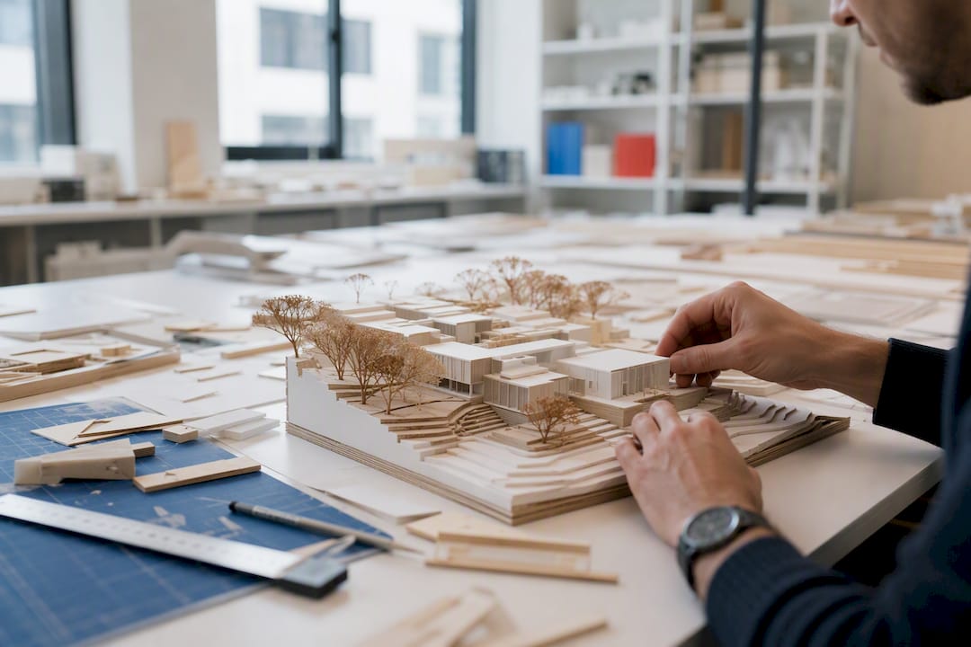 Hands assembling architectural site model